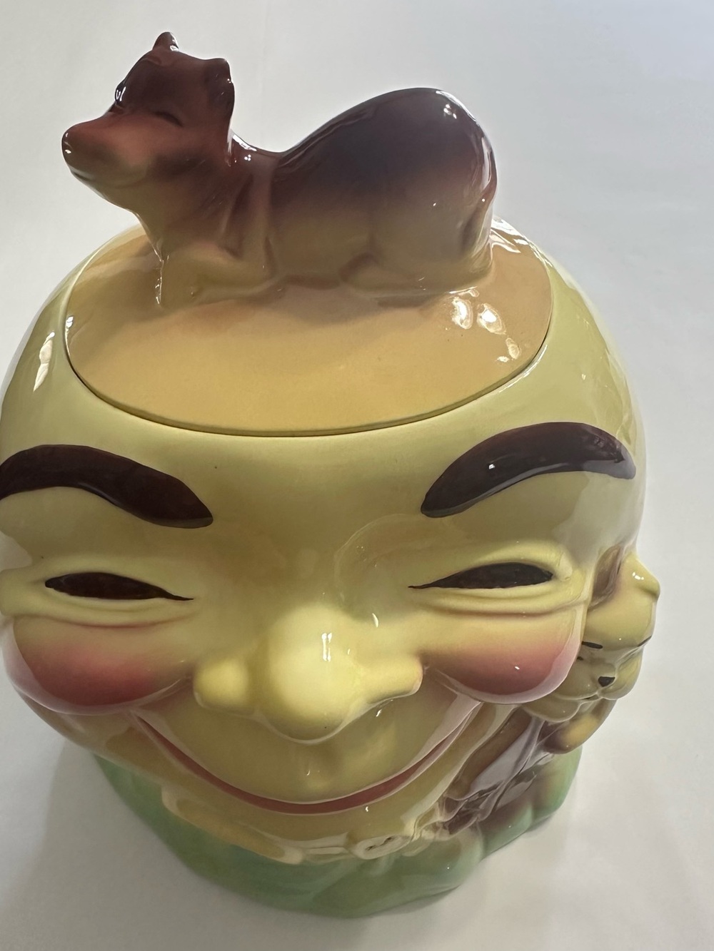 Ceramic Smiling Face Cookie Jar with cow Lid - Yellow